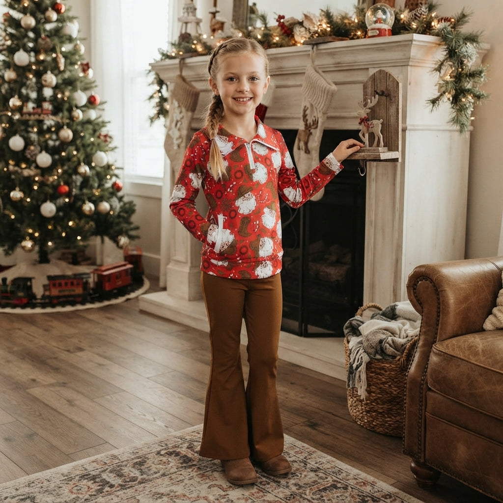 NO MOQ RTS GLP3509 Baby Girl Clothes Western Santa Allover Print Long Sleeve Half Zip Top Flare Pant Set 202609