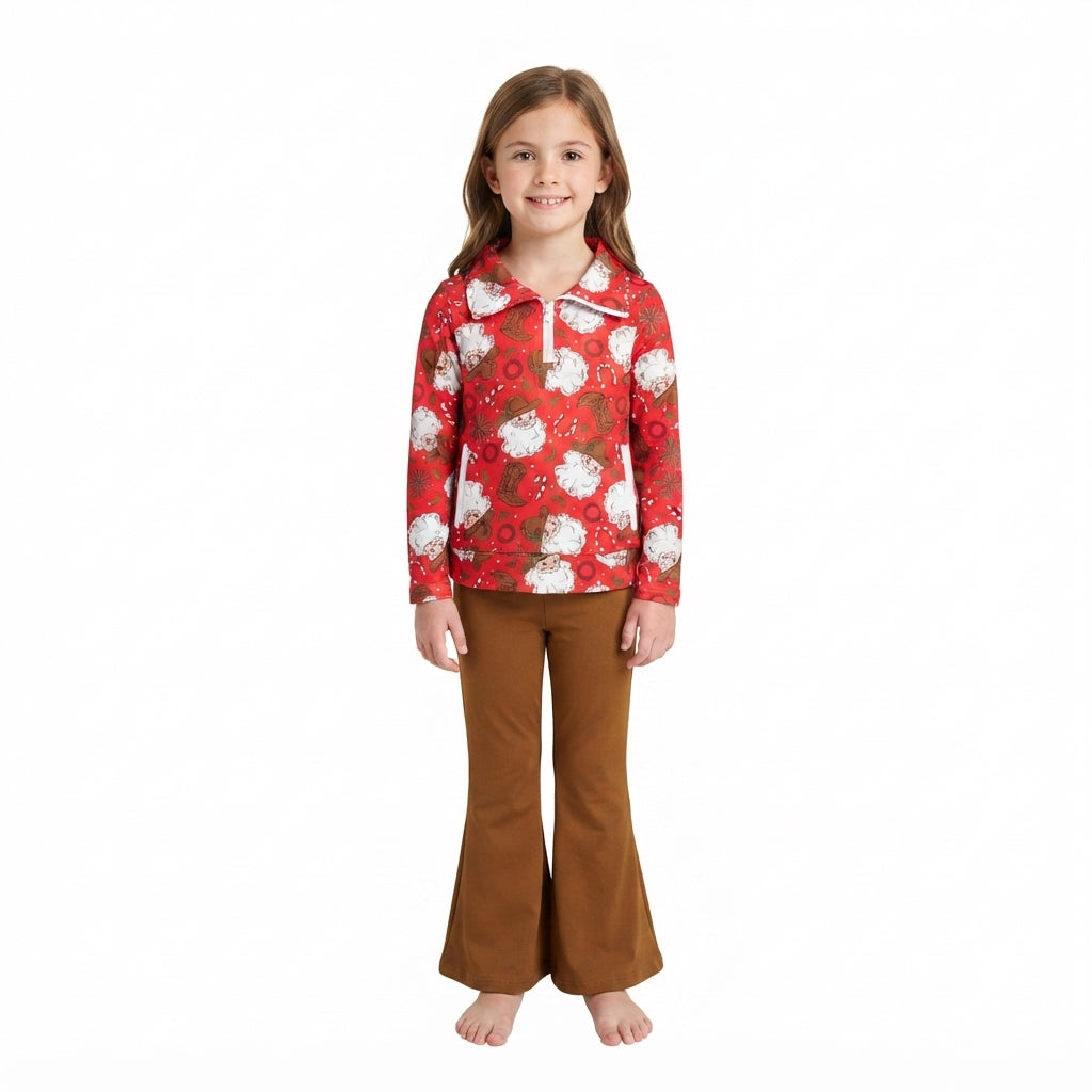 NO MOQ RTS GLP3509 Baby Girl Clothes Western Santa Allover Print Long Sleeve Half Zip Top Flare Pant Set 202609