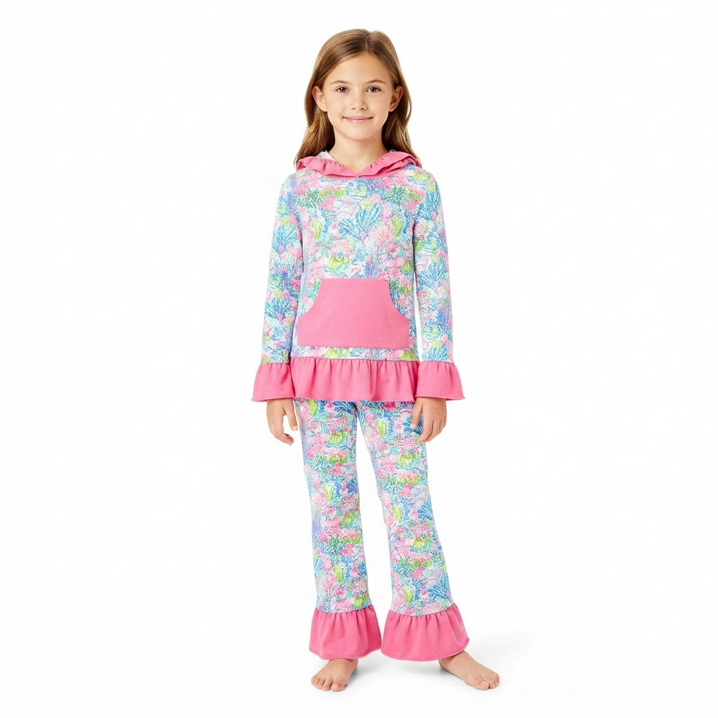 NO MOQ RTS GLP3518 (2) Baby Girl Clothes Ocean Coral Floral Allover Print Long Sleeve Ruffle Hoodie Pant Set 202609
