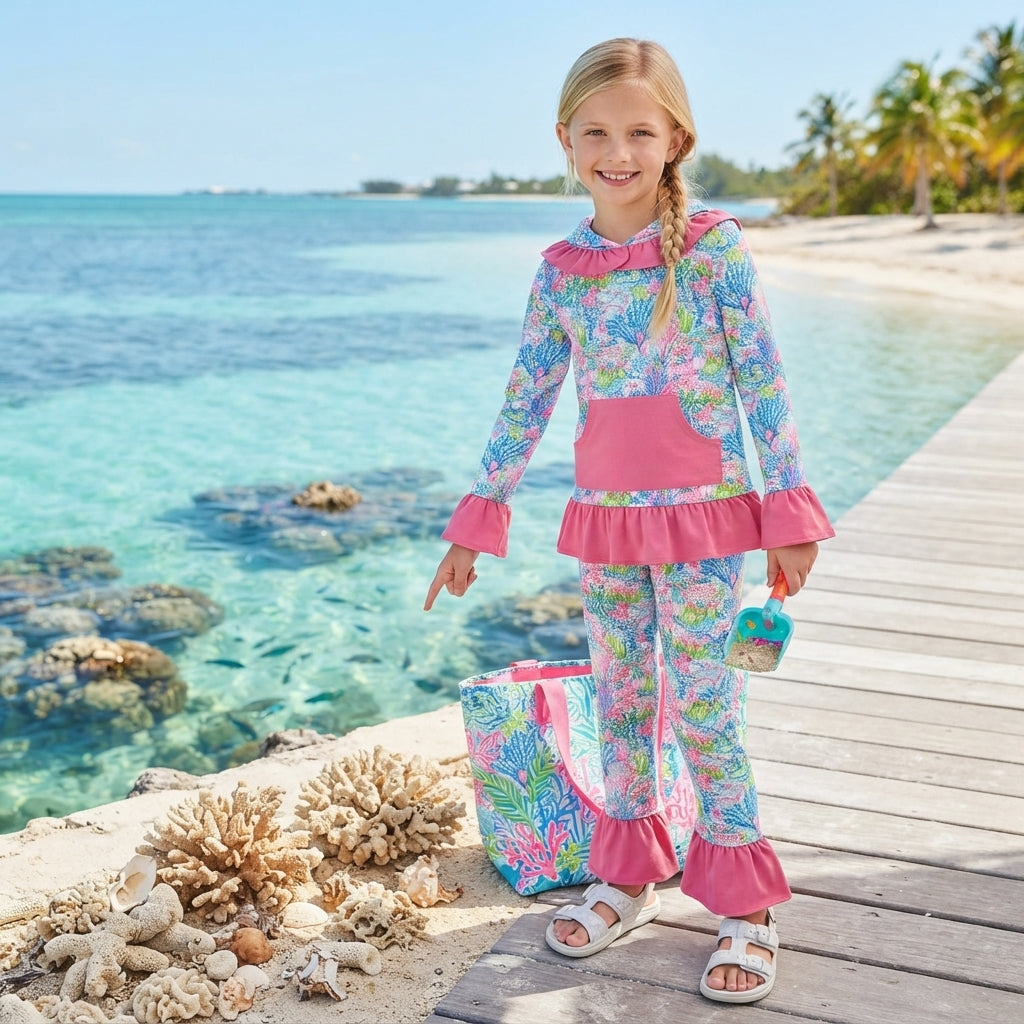 NO MOQ RTS GLP3518 (2) Baby Girl Clothes Ocean Coral Floral Allover Print Long Sleeve Ruffle Hoodie Pant Set 202609