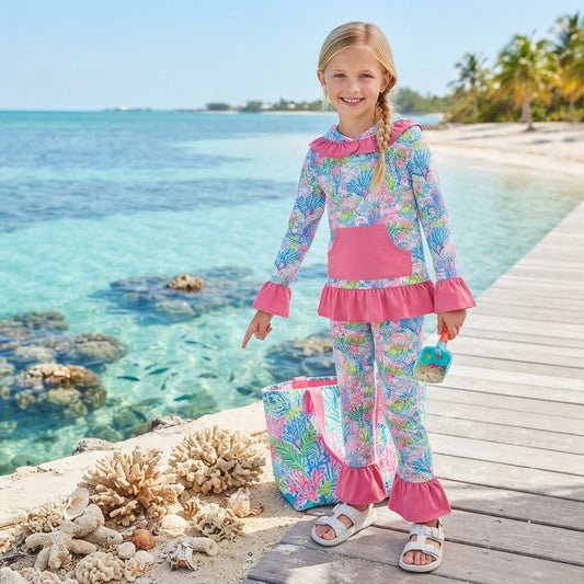 NO MOQ RTS GLP3518 (2) Baby Girl Clothes Ocean Coral Floral Allover Print Long Sleeve Ruffle Hoodie Pant Set 202609