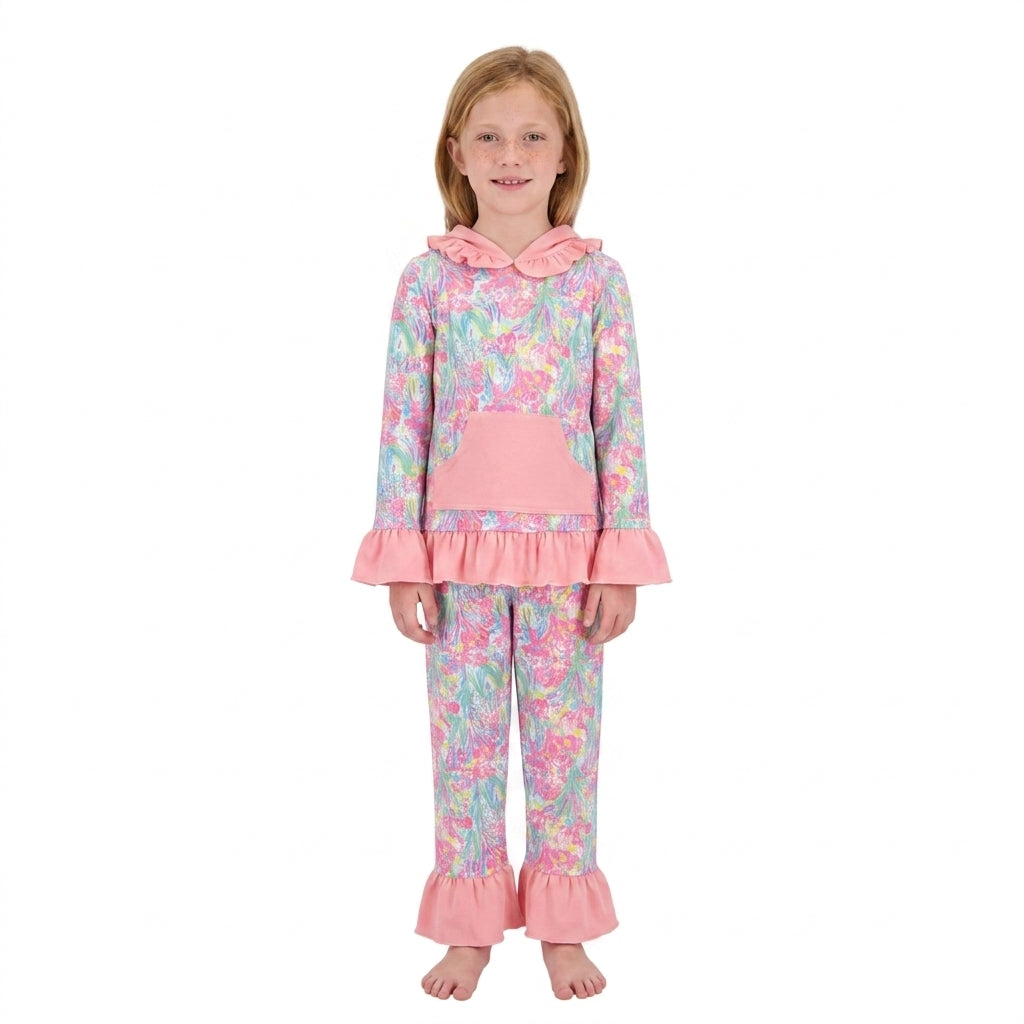 RTS GLP3519 Kids Floral Print Hoodie Top Flared Pants Outfit Set 202608