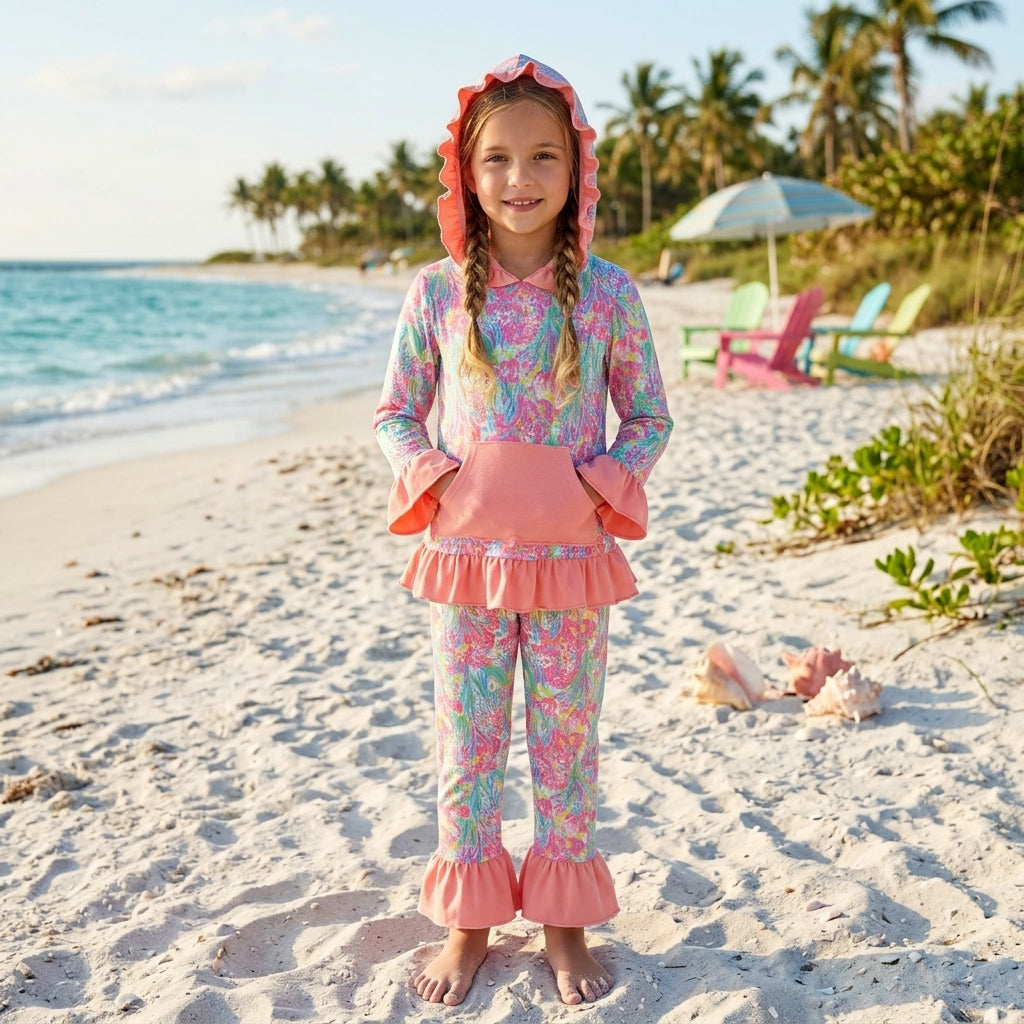RTS GLP3519 Kids Floral Print Hoodie Top Flared Pants Outfit Set 202608