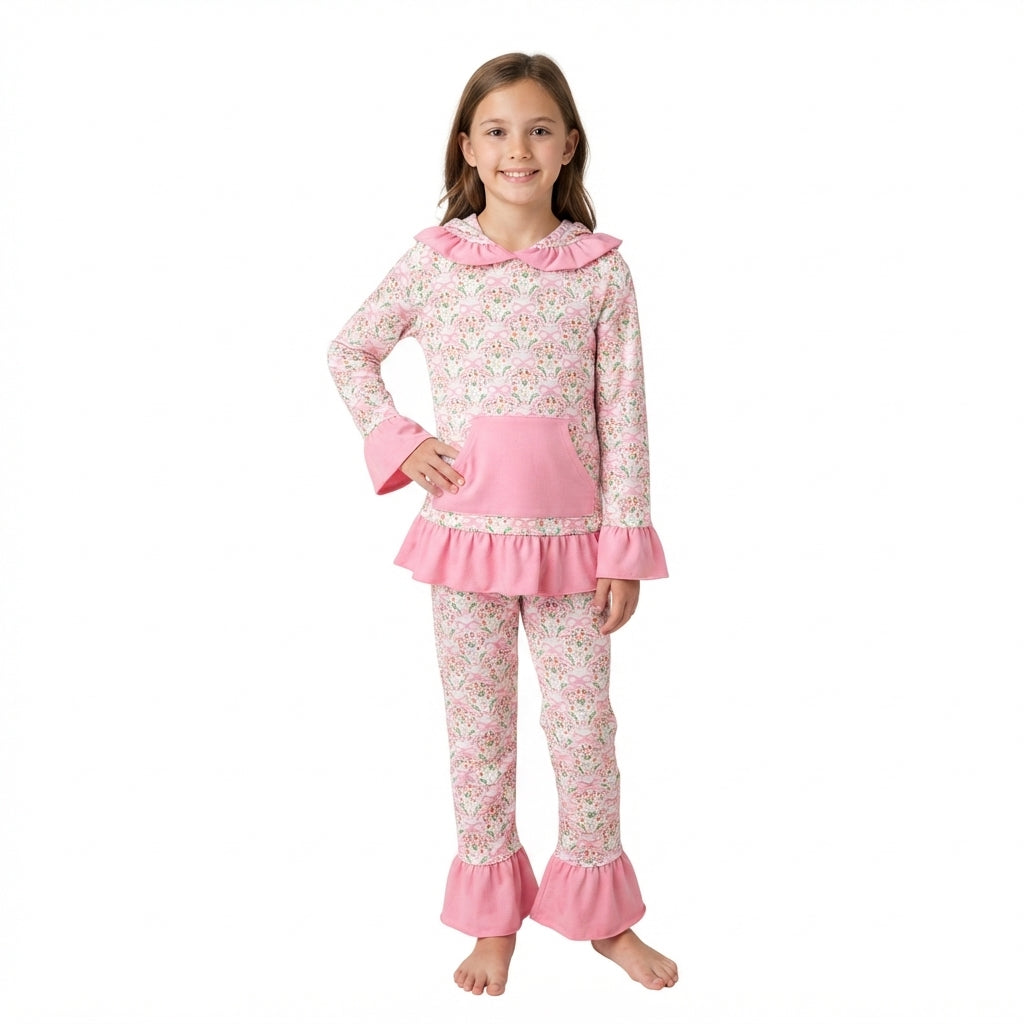 NO MOQ RTS GLP3520 (2) Baby Girl Clothes Bow Floral Print Long Sleeve Ruffle Hooded Top Flare Pant Set 202609