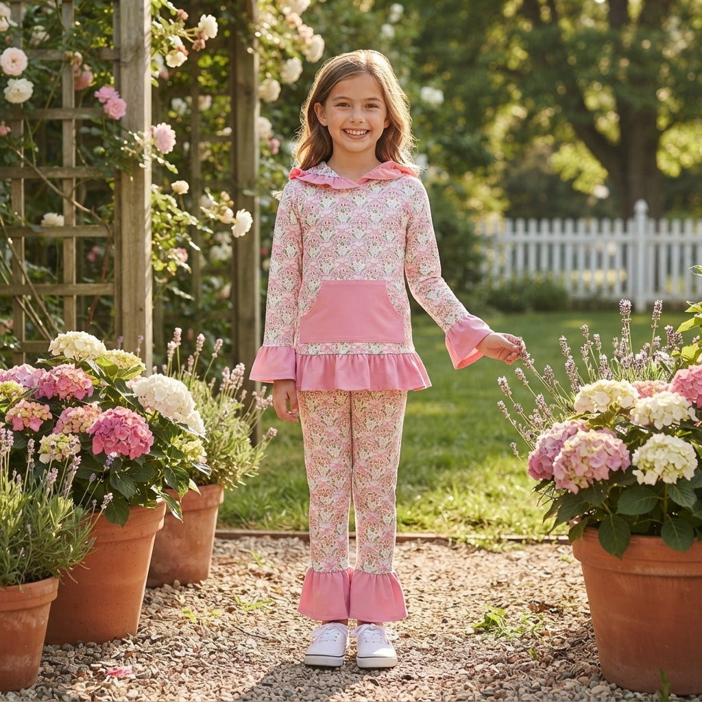 NO MOQ RTS GLP3520 (2) Baby Girl Clothes Bow Floral Print Long Sleeve Ruffle Hooded Top Flare Pant Set 202609