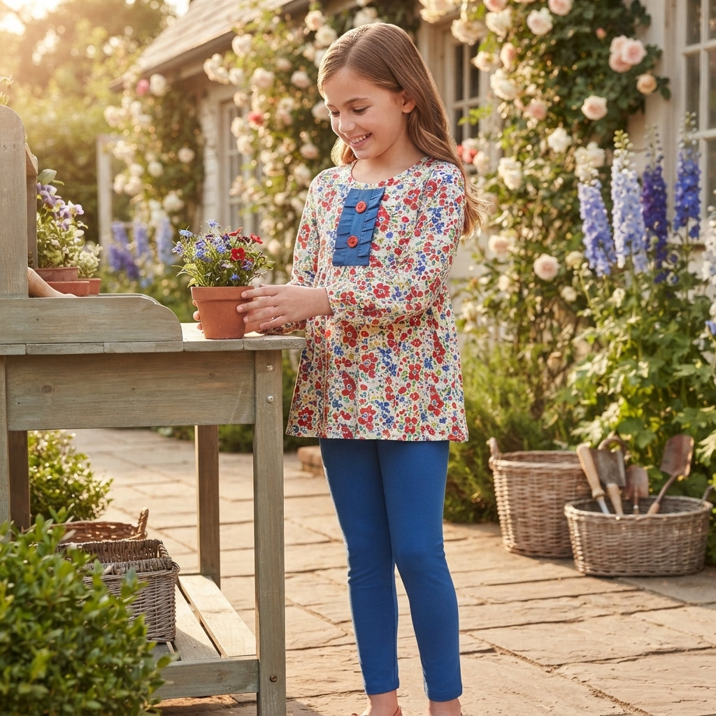 NO MOQ RTS GLP3522 Baby Girl Clothes Red Blue Floral Allover Print Long Sleeve Button Tunic Solid Pant Set 202610