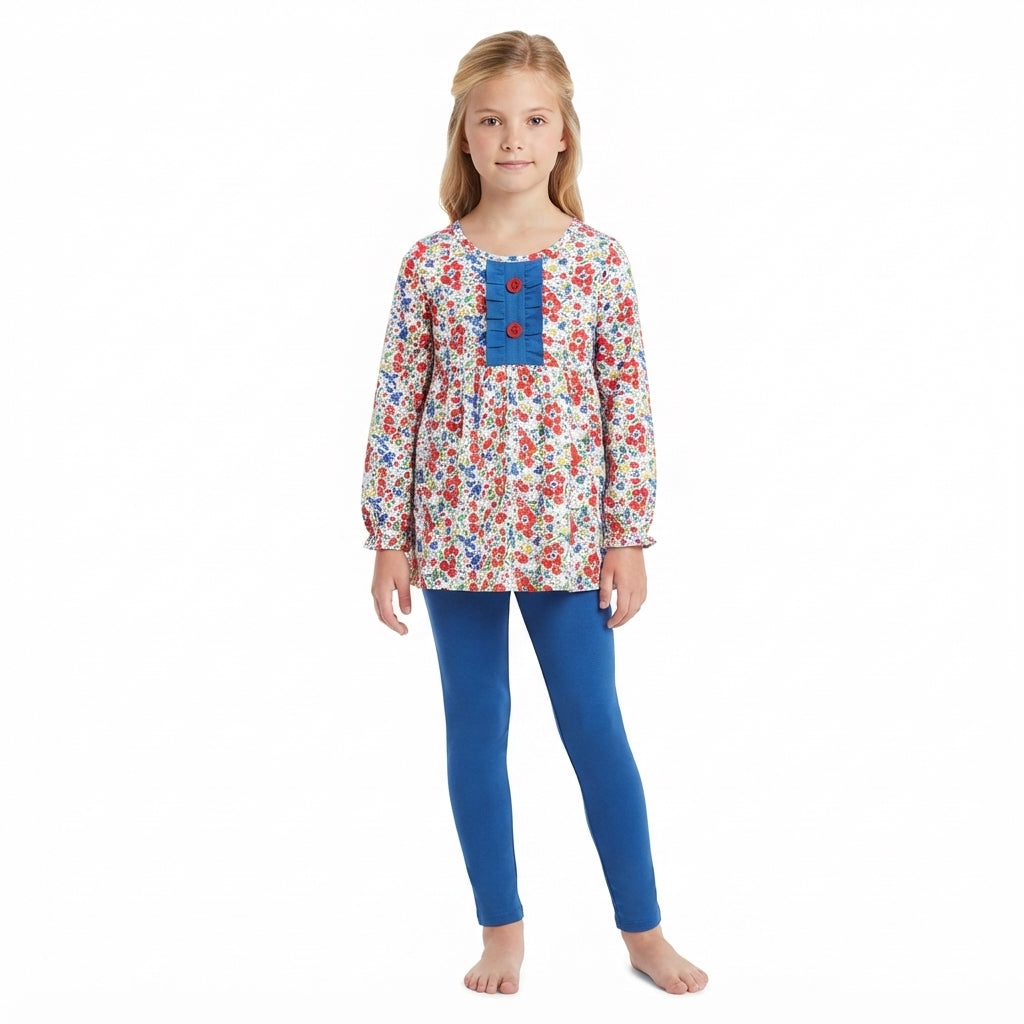 NO MOQ RTS GLP3522 Baby Girl Clothes Red Blue Floral Allover Print Long Sleeve Button Tunic Solid Pant Set 202610