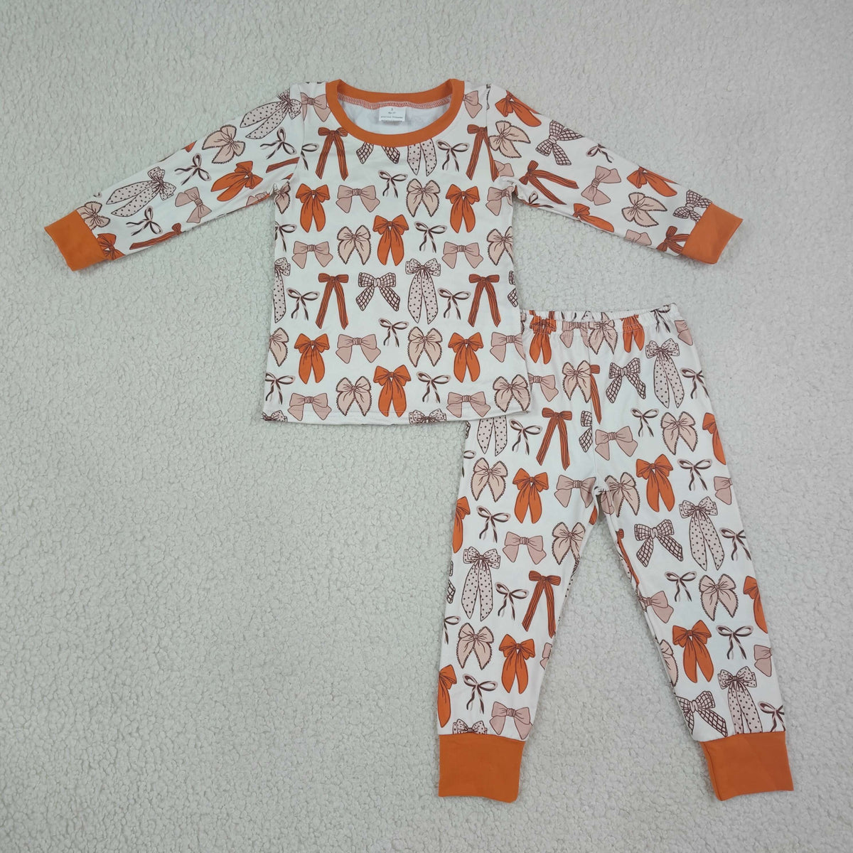 NO MOQ RTS GLP3531 Baby Girl Clothes Orange Pink Bow Print Long Sleeve Pajama Pant Set 202609