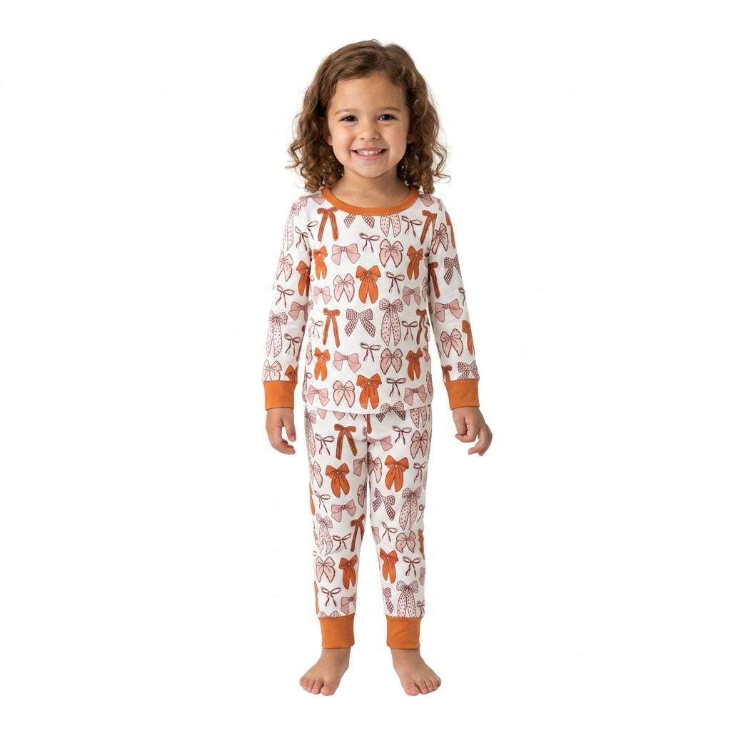 NO MOQ RTS GLP3531 Baby Girl Clothes Orange Pink Bow Print Long Sleeve Pajama Pant Set 202609