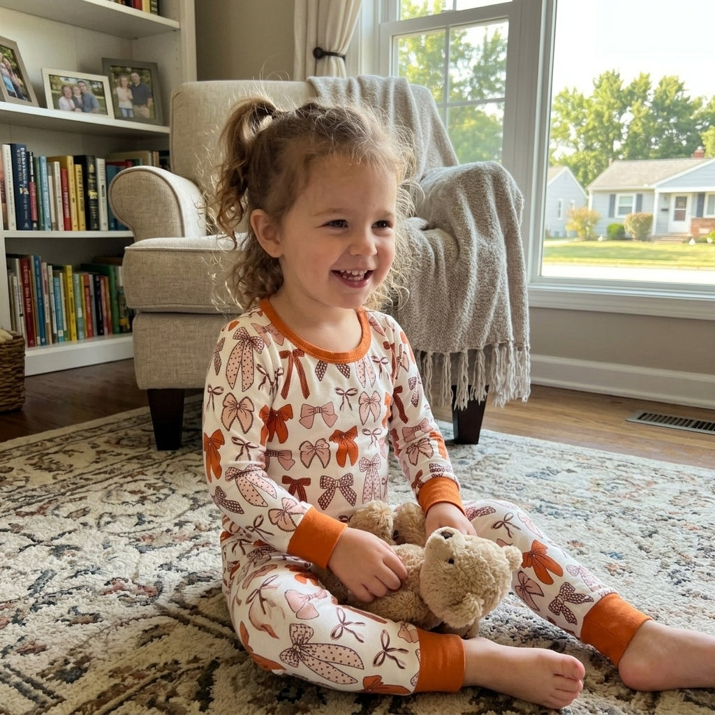 NO MOQ RTS GLP3531 Baby Girl Clothes Orange Pink Bow Print Long Sleeve Pajama Pant Set 202609