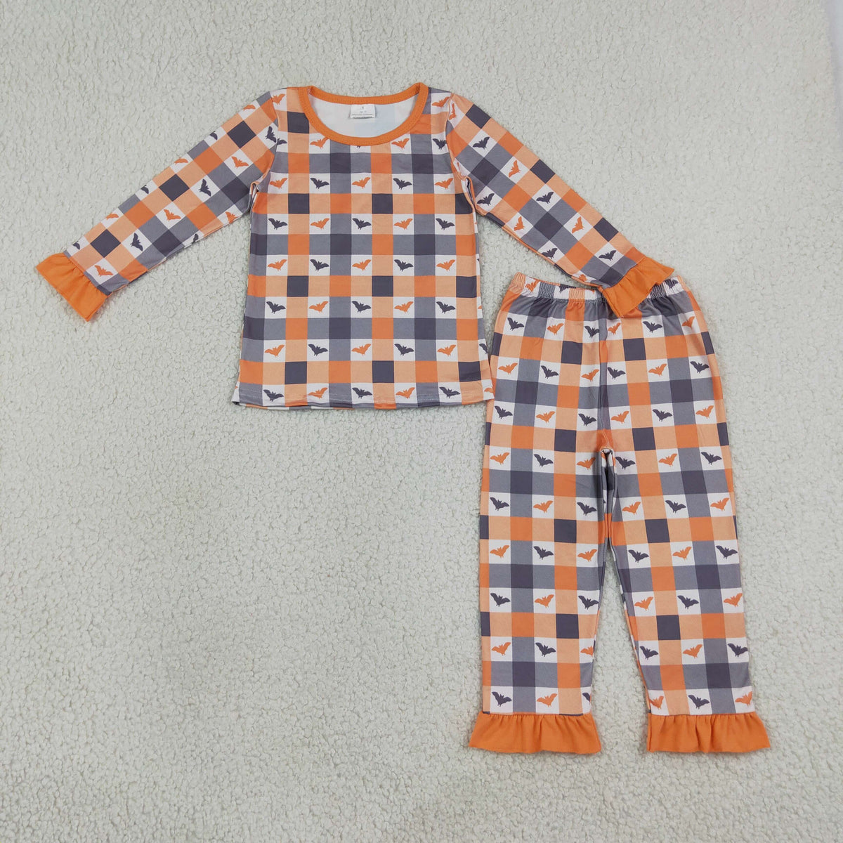 NO MOQ RTS GLP3533 Baby Girl Clothes Plaid Bat Print Ruffle Long Sleeve Top Pants Set 202609