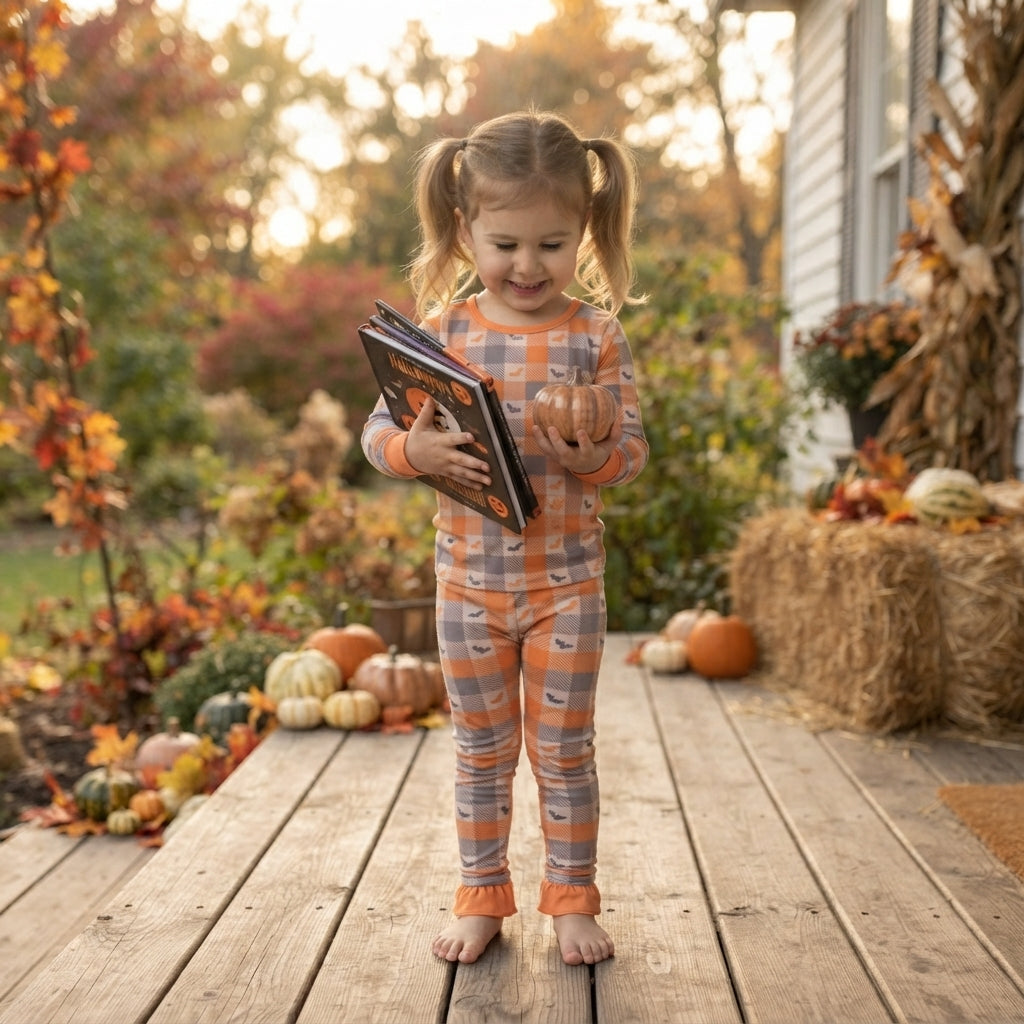 NO MOQ RTS GLP3533 Baby Girl Clothes Plaid Bat Print Ruffle Long Sleeve Top Pants Set 202609