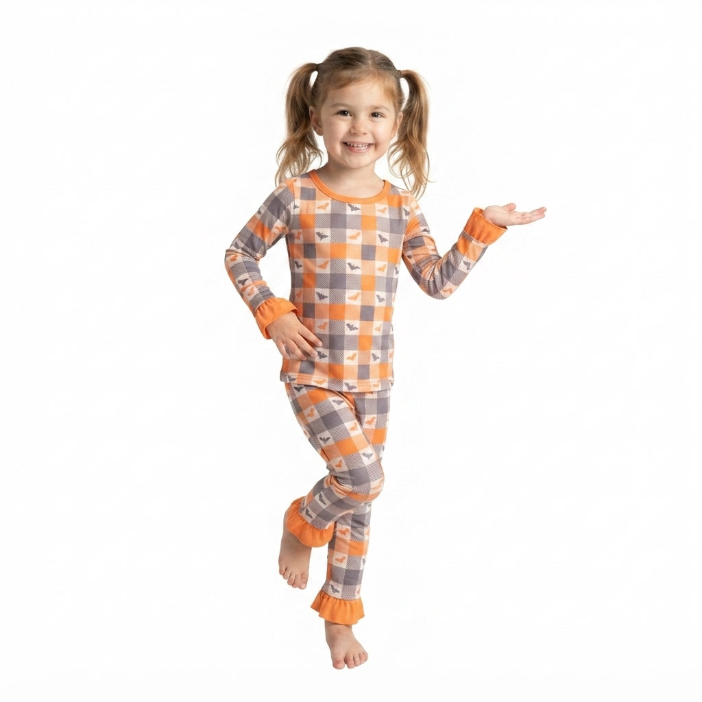 NO MOQ RTS GLP3533 Baby Girl Clothes Plaid Bat Print Ruffle Long Sleeve Top Pants Set 202609