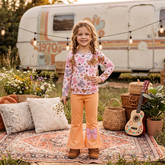 RTS GLP3536 Floral Long Sleeve Top & Bell Pants Set for Girls – Bow Detail Flare Pants Two Piece Outfit