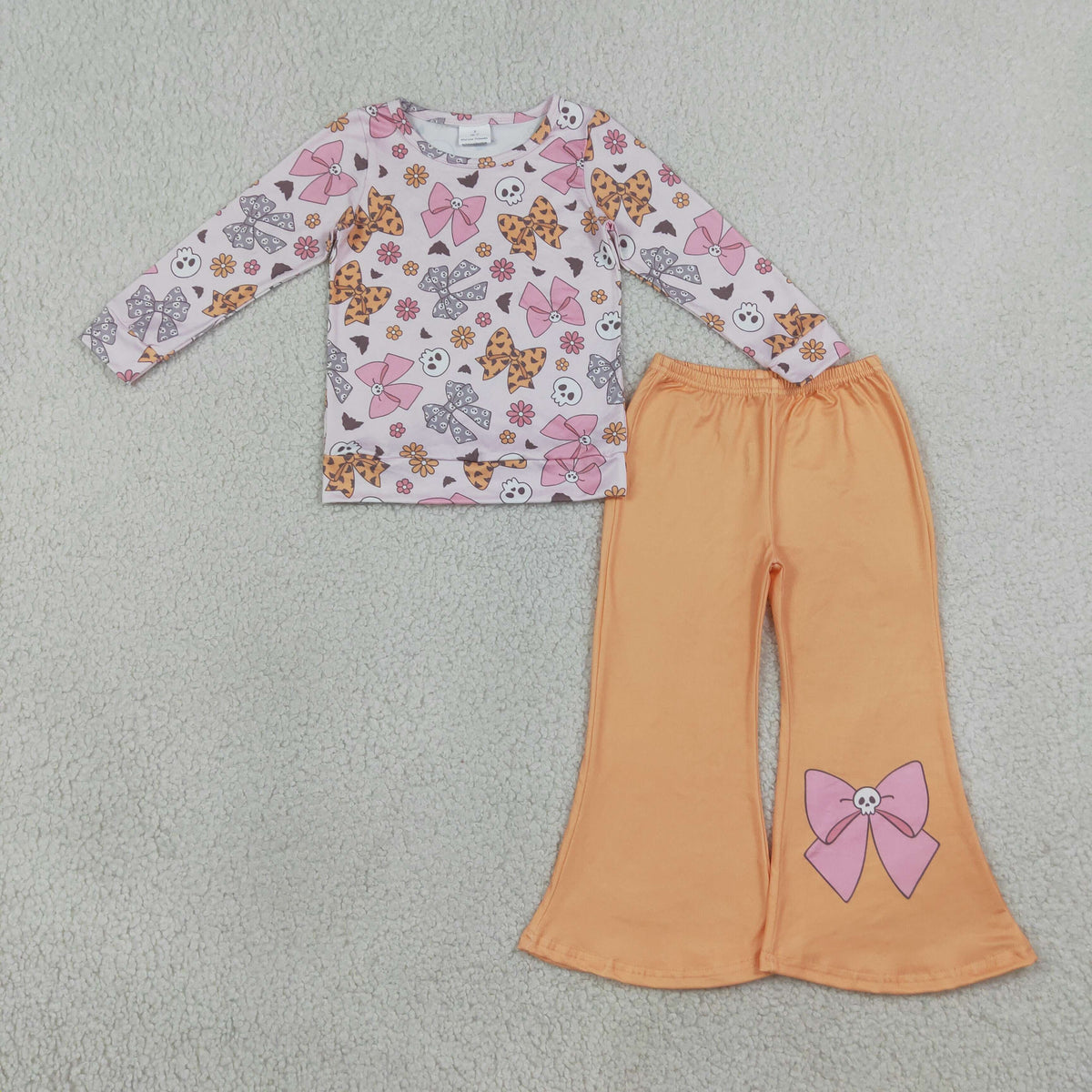RTS GLP3536 Floral Long Sleeve Top & Bell Pants Set for Girls – Bow Detail Flare Pants Two Piece Outfit