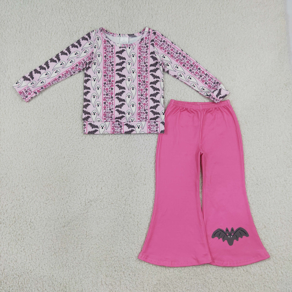NO MOQ RTS GLP3537 Baby Girl Clothes Halloween Ghost Bat Print Long Sleeve Top Flare Pants Set 202609