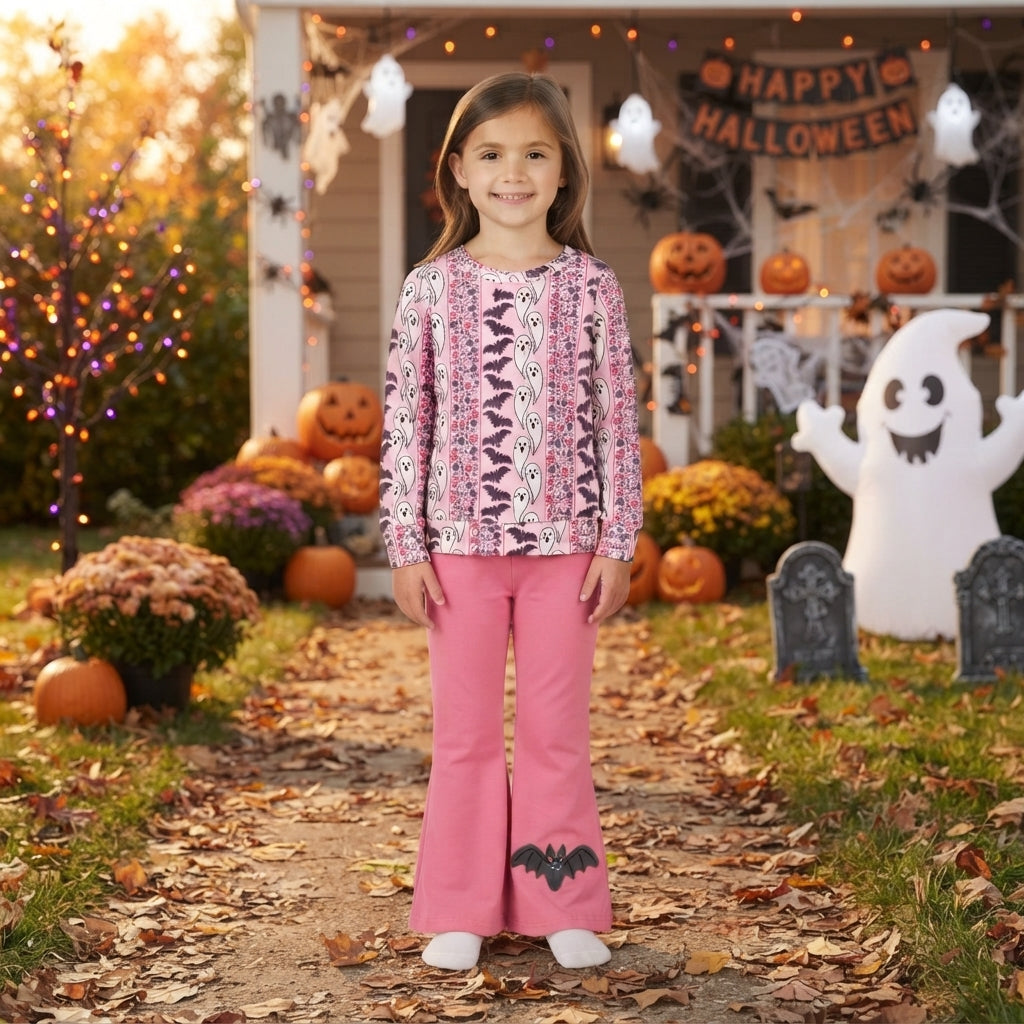 NO MOQ RTS GLP3537 Baby Girl Clothes Halloween Ghost Bat Print Long Sleeve Top Flare Pants Set 202609