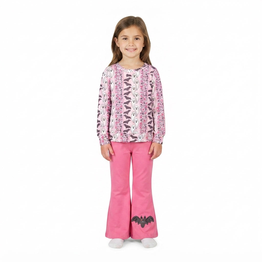 NO MOQ RTS GLP3537 Baby Girl Clothes Halloween Ghost Bat Print Long Sleeve Top Flare Pants Set 202609