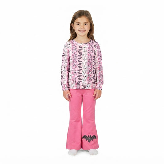 NO MOQ RTS GLP3537 Baby Girl Clothes Halloween Ghost Bat Print Long Sleeve Top Flare Pants Set 202609