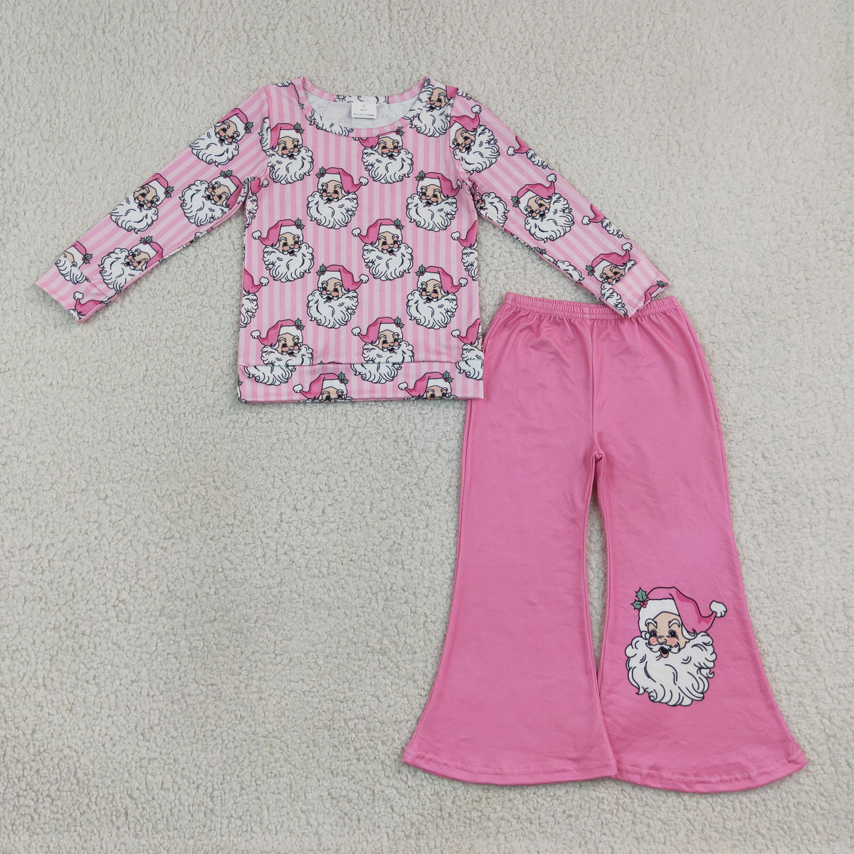NO MOQ RTS GLP3538 Baby Girl Clothes Pink Stripe Santa Print Long Sleeve Top Santa Applique Flare Pants Set 202609
