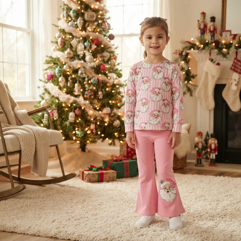 NO MOQ RTS GLP3538 Baby Girl Clothes Pink Stripe Santa Print Long Sleeve Top Santa Applique Flare Pants Set 202609