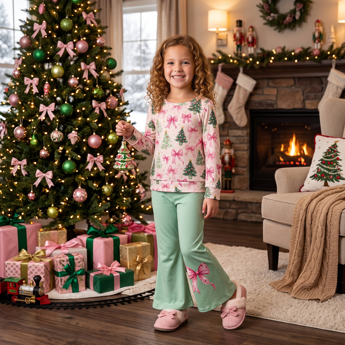 RTS GLP3539 Floral Christmas Tree Top & Green Bell Pants Set for Girls – Bow Flare Pants Holiday Outfit