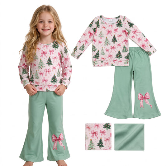 RTS GLP3539 Floral Christmas Tree Top & Green Bell Pants Set for Girls – Bow Flare Pants Holiday Outfit