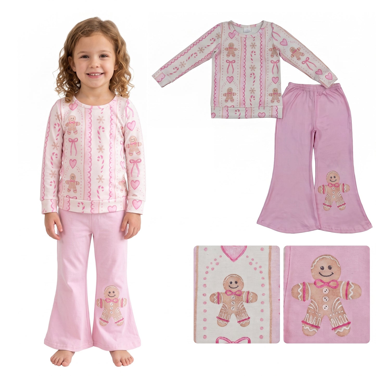 GLP3540 RTS Girls Christmas 2‑Piece Gingerbread Man Print Long Sleeve Flare Pants Set 202608
