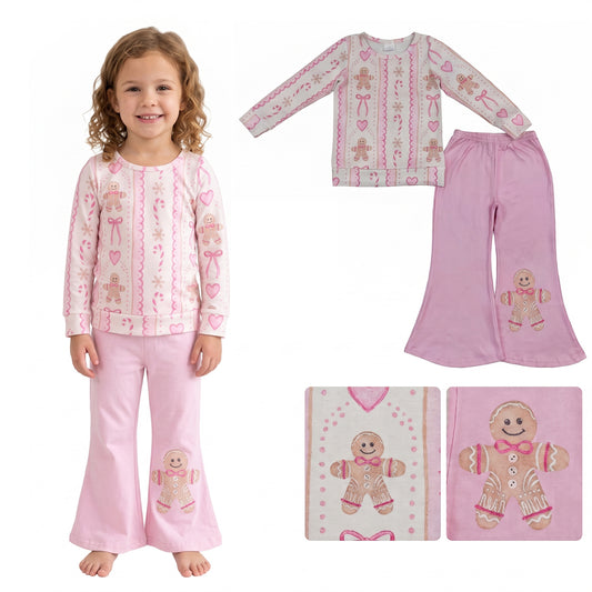 GLP3540 RTS Girls Christmas 2‑Piece Gingerbread Man Print Long Sleeve Flare Pants Set 202608
