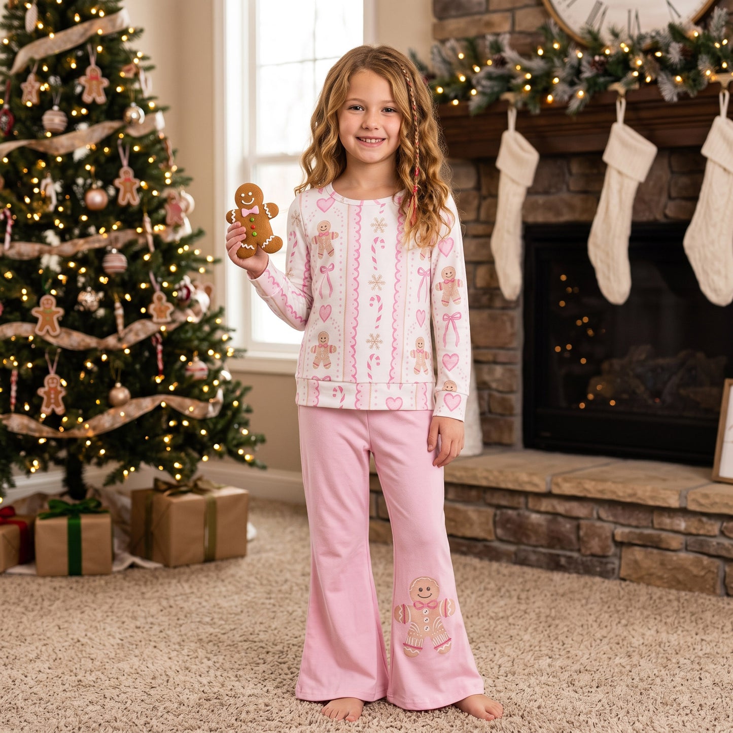 GLP3540 RTS Girls Christmas 2‑Piece Gingerbread Man Print Long Sleeve Flare Pants Set 202608