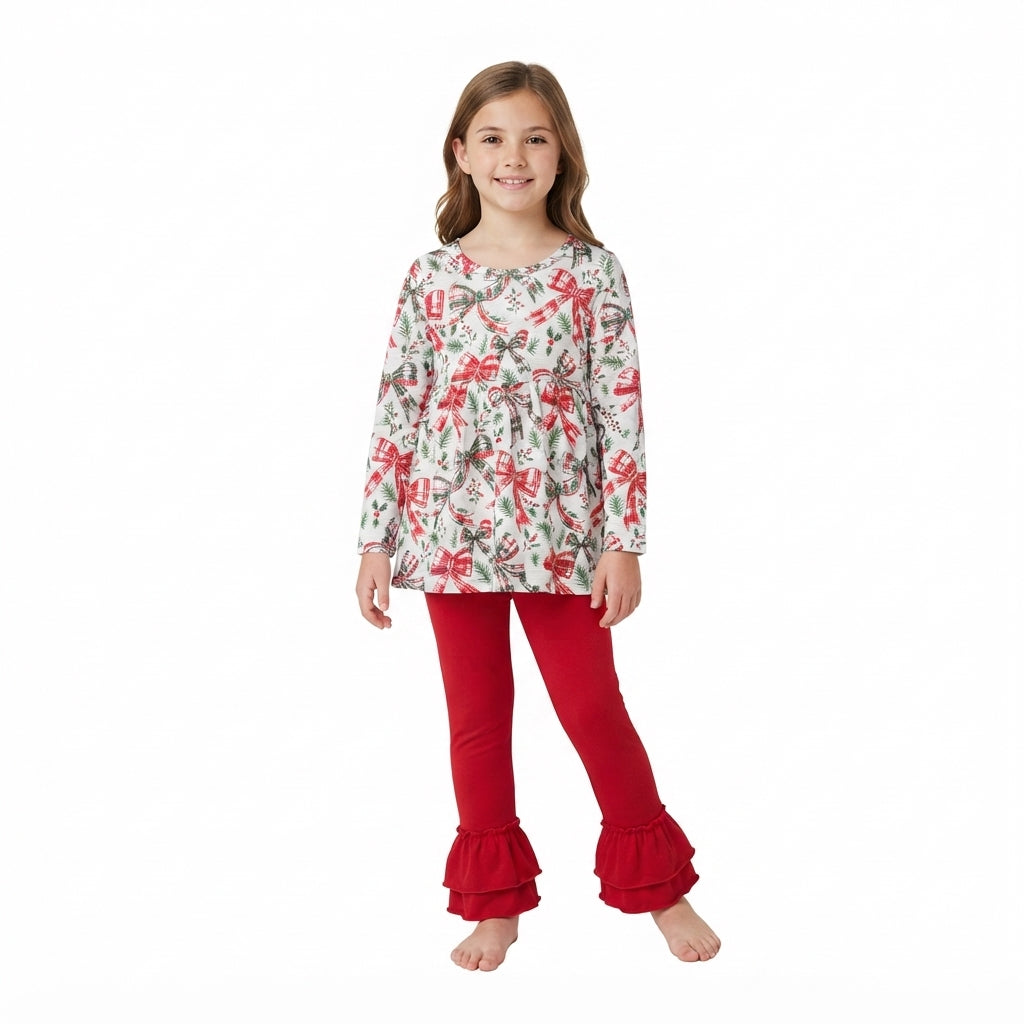 NO MOQ RTS GLP3541  Girls Christmas Tree Bow 2‑Piece Long Sleeve ruffle legging Pants Set