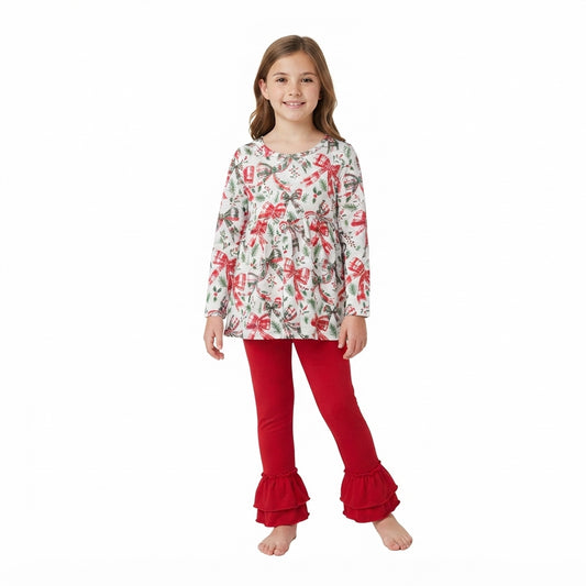 NO MOQ RTS GLP3541  Girls Christmas Tree Bow 2‑Piece Long Sleeve ruffle legging Pants Set
