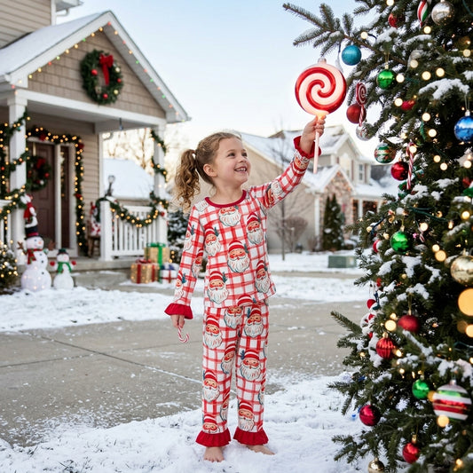 NO MOQ RTS GLP3542 Girls Christmas Santa 2‑Piece Pajamas Long Sleeve Flare Pants Set