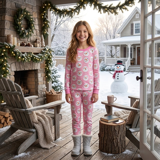 NO MOQ RTS GLP3543 Baby Girl Clothes Pink Snowman Print Long Sleeve Top Pants Pajama Set 202609