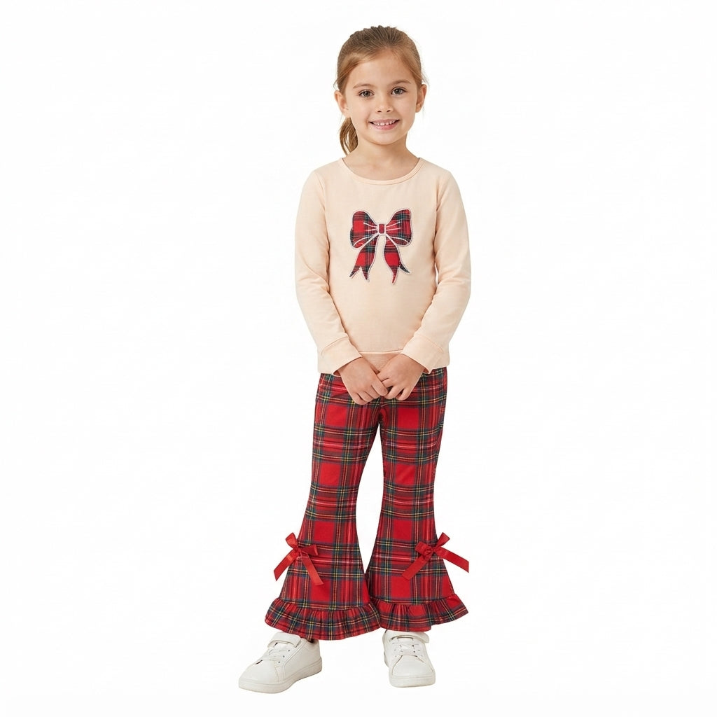 NO MOQ RTS GLP3547-embroidery Baby Girl Clothes Red Plaid Bow Embroidery Long Sleeve Top Ruffle Hem Bow Flare Pant Set 202609