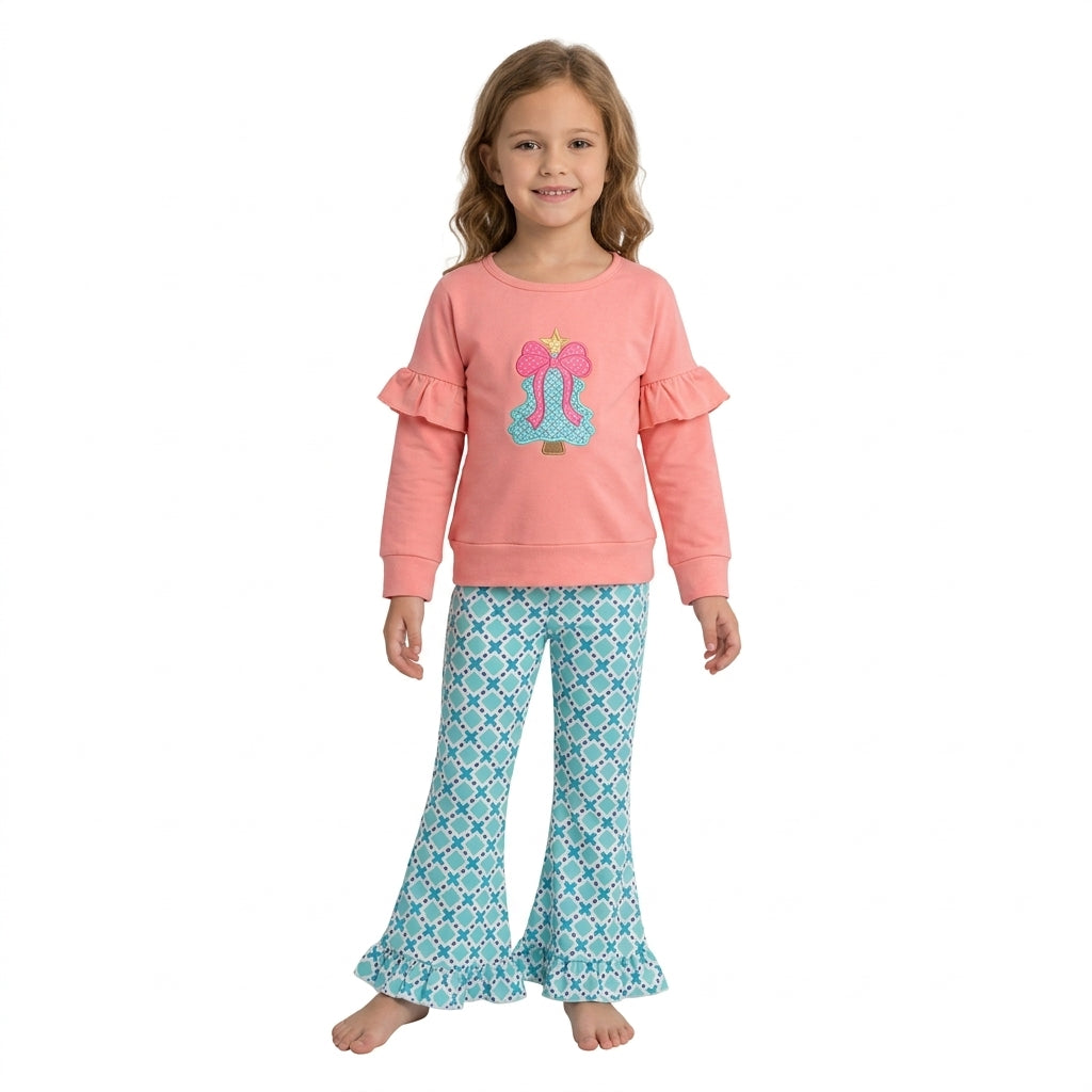 NO MOQ RTS GLP3548-embroidery (2) Baby Girl Clothes Pink Christmas Tree Bow Embroidery Ruffle Shoulder Top Blue Geometric Ruffle Flare Pant Set 202609