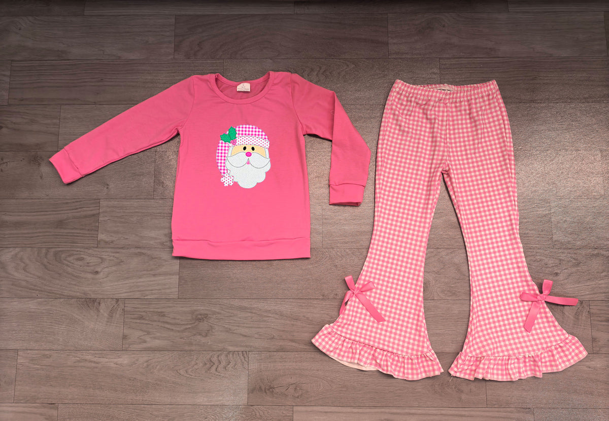 Sample-Real Pics GLP3561 Baby Girl Clothes Santa Applique Print Long Sleeve Top & Gingham Flare Pant Set