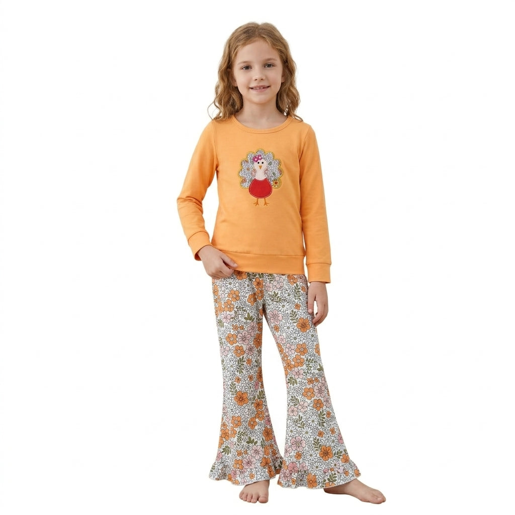 NO MOQ RTS GLP3563-embroidery Baby Girl Clothes Floral Turkey Applique Print Long Sleeve Top Flare Pant Set 202610