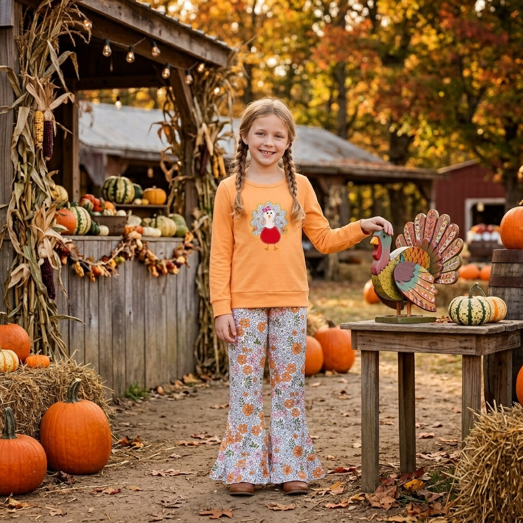 NO MOQ RTS GLP3563-embroidery Baby Girl Clothes Floral Turkey Applique Print Long Sleeve Top Flare Pant Set 202610