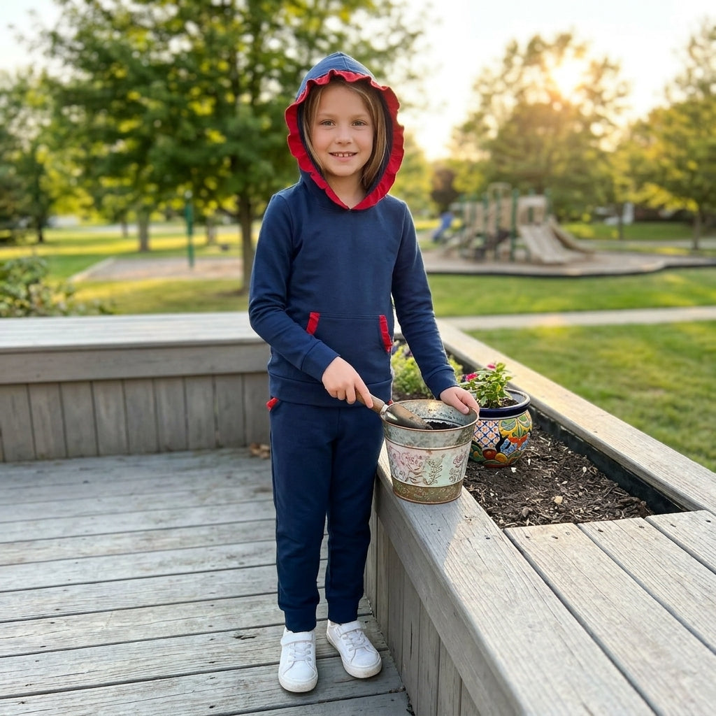 NO MOQ RTS GLP3564 Baby Girl Clothes Solid Navy Red Ruffle Trim Long Sleeve Hoodie Pant Set 202610