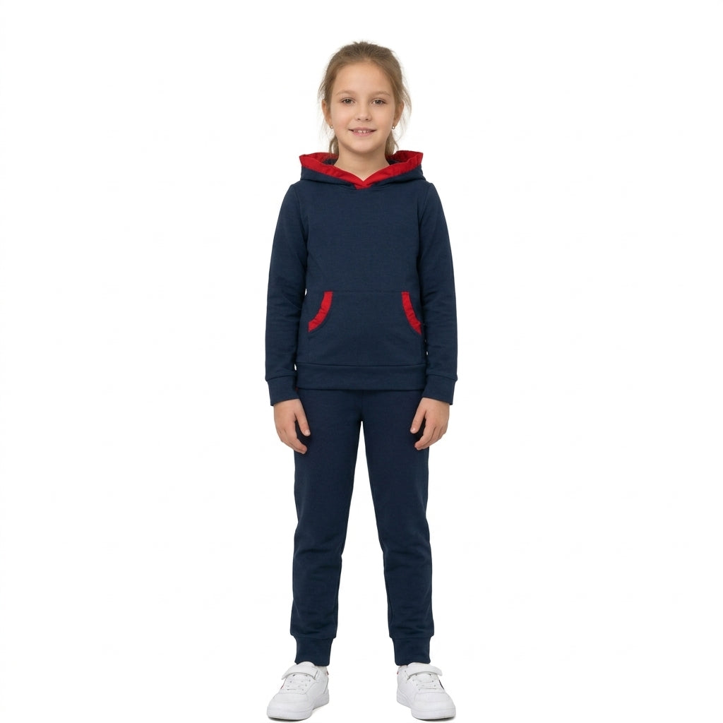 NO MOQ RTS GLP3564 Baby Girl Clothes Solid Navy Red Ruffle Trim Long Sleeve Hoodie Pant Set 202610