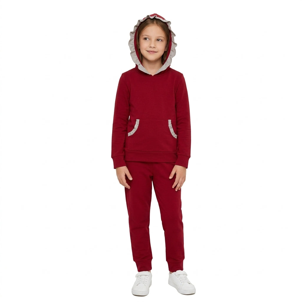 NO MOQ RTS GLP3565 Baby Girl Clothes Solid Red Ruffle Trim Long Sleeve Hoodie Jogger Pant Set 202610