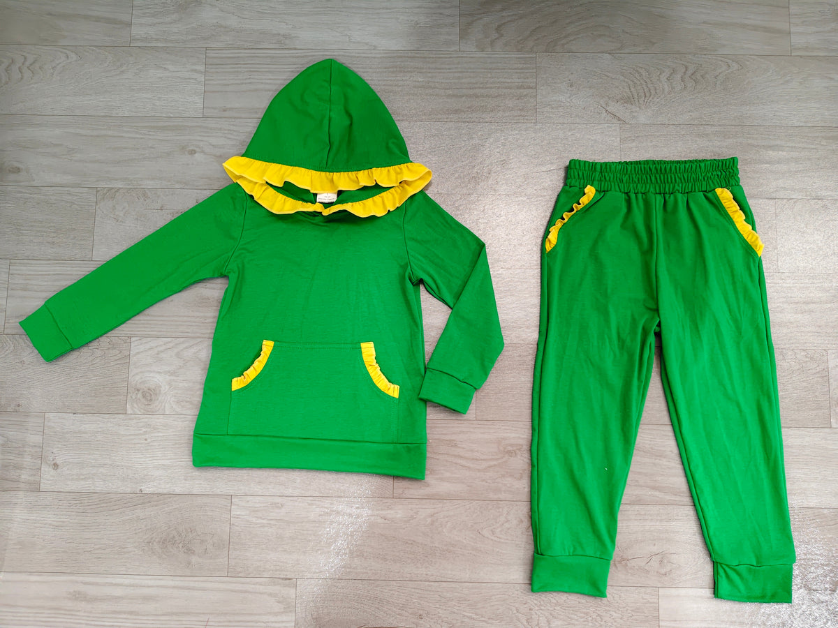 Sample-Real Pics GLP3569 Baby Girl Clothes Solid Green Yellow Ruffle Trim Print Long Sleeve Hoodie Jogger Pant Set