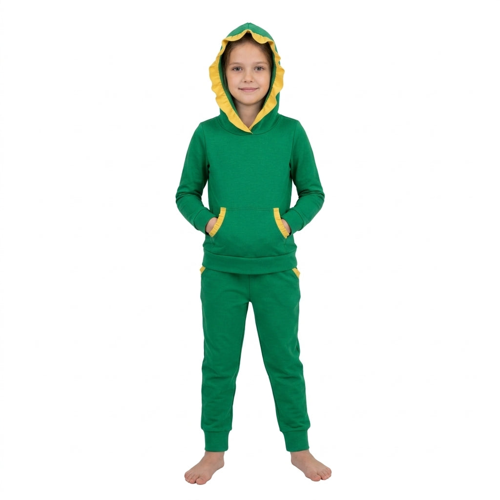 NO MOQ RTS GLP3569 (2) Baby Girl Clothes Solid Green Plain Color Block Long Sleeve Hooded Top Jogger Pant Set 202610
