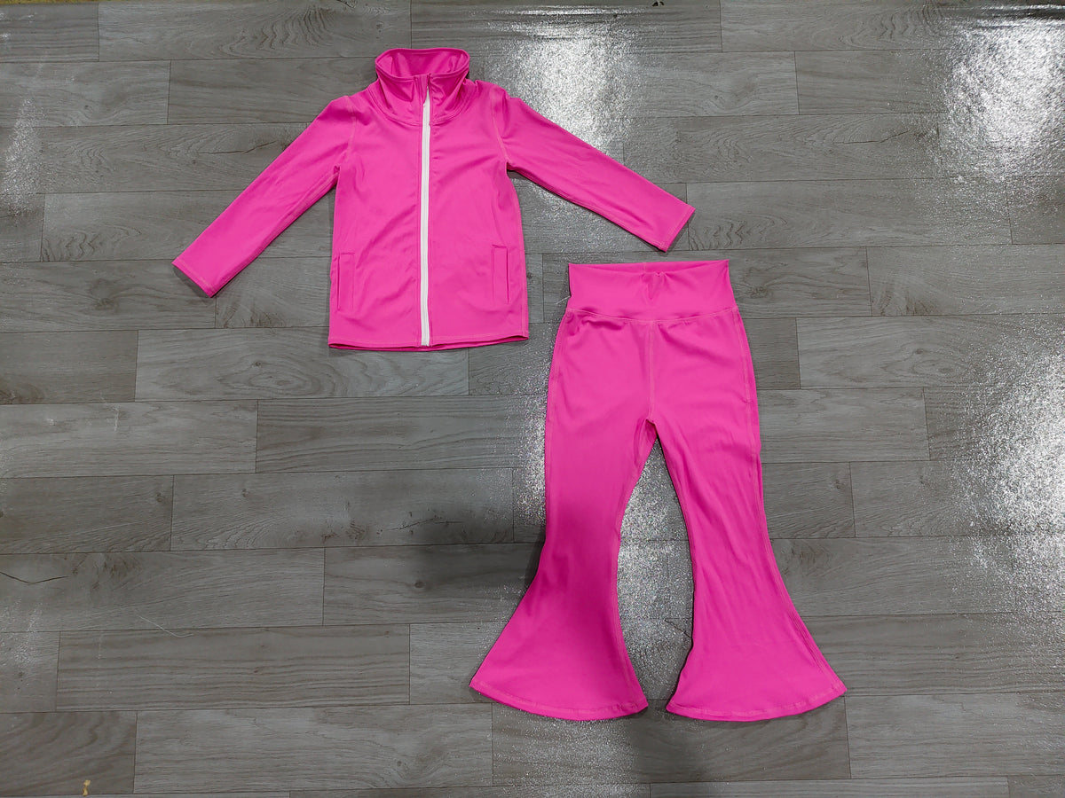 Sample-Real Pics GLP3574 Baby Girl Clothes Solid Pink Print Long Sleeve Zip Jacket Flare Yoga Pant Set