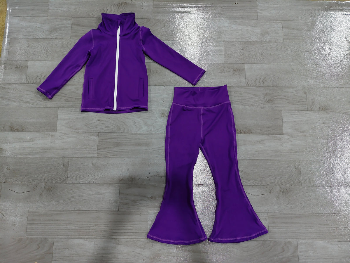 Sample-Real Pics GLP3575 Baby Girl Clothes Solid Purple Print Long Sleeve Zip Jacket Flare Yoga Pant Set