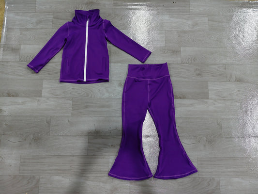 Sample-Real Pics GLP3575 Baby Girl Clothes Solid Purple Print Long Sleeve Zip Jacket Flare Yoga Pant Set