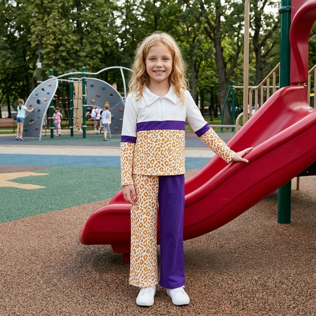 NO MOQ RTS GLP3580 Baby Girl Clothes Orange Leopard Color Block Print Long Sleeve Split Pant Set 202610