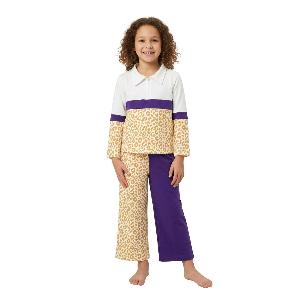 NO MOQ RTS GLP3580 Baby Girl Clothes Orange Leopard Color Block Print Long Sleeve Split Pant Set 202610