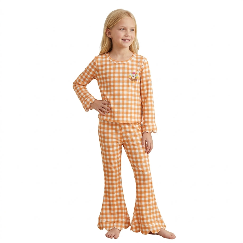NO MOQ RTS GLP3588-embroidery Baby Girl Clothes Orange Gingham Turkey Applique Print Long Sleeve Top Scallop Hem Flare Pant Set 202610